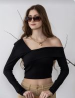 Black off-shoulder stretchy ribbed top - Image 3