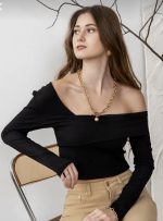 Black off-shoulder stretchy ribbed top - Image 5